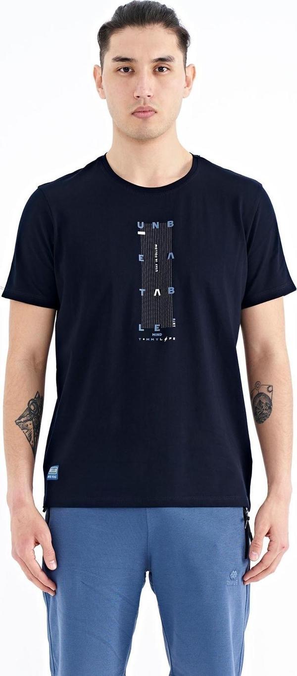 Lacivert Kol Şerit Detaylı O Yaka Standart Kalıp Erkek T-shirt - 88234 - Image 1