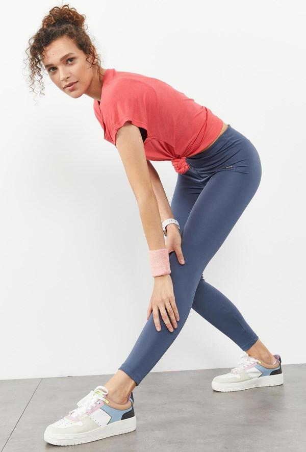 Petrol Yüksek Bel Streç Slim Fit Dar Paça Kadın Tayt - 94545 - Image 1