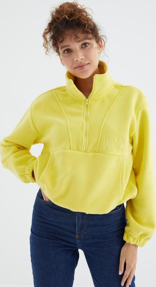 Limon Yarım Fermuar Etek Ucu Büzgülü Kadın Polar Oversize Sweatshirt - 97171 - Image 1