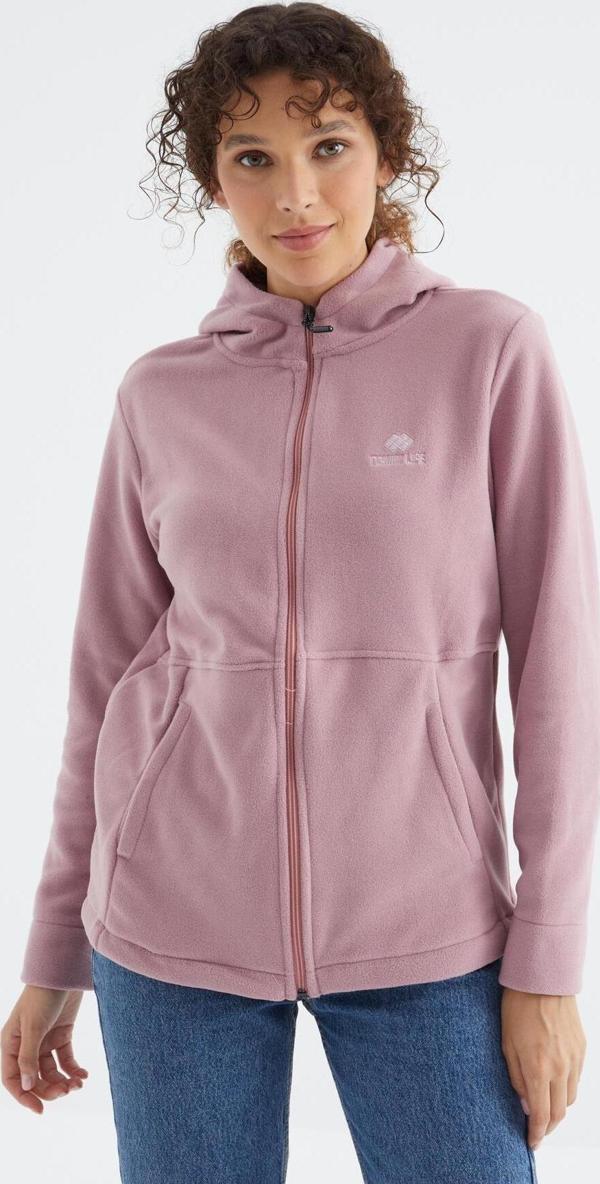 Gül Kurusu Kapüşonlu Fermuarlı Rahat Form Kadın Polar Sweatshirt - 97233 - Image 1