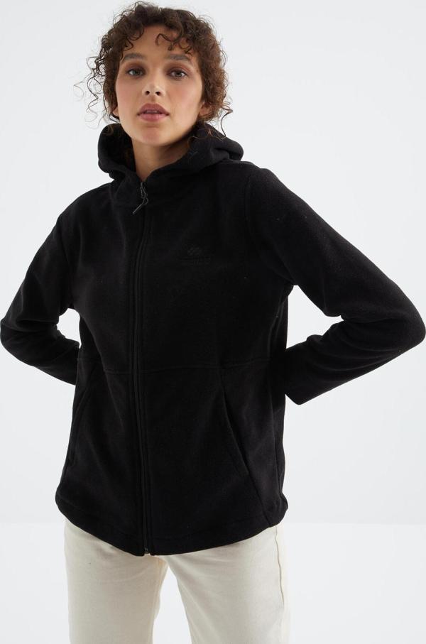 Siyah Kapüşonlu Fermuarlı Rahat Form Kadın Polar Sweatshirt - 97233 - Image 1