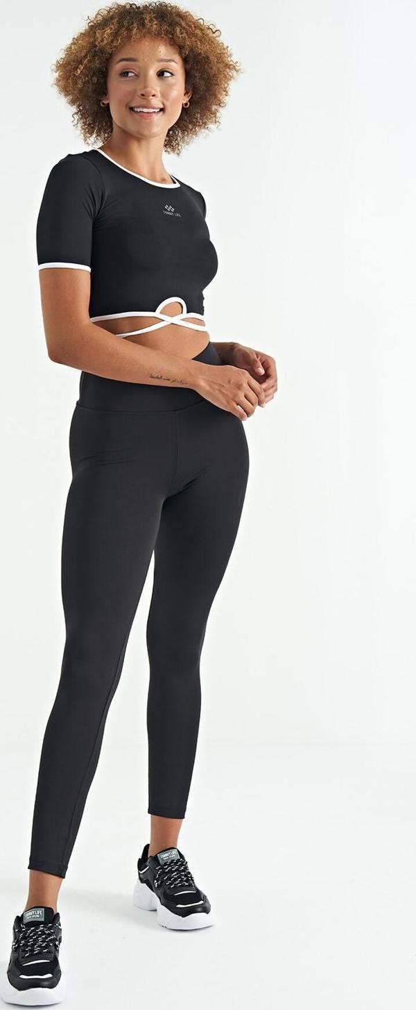 Siyah Logo Baskı Detaylı Yüksek Bel Dalgıç Kumaş Slim Fit Kadın Tayt - 94627 - Image 1