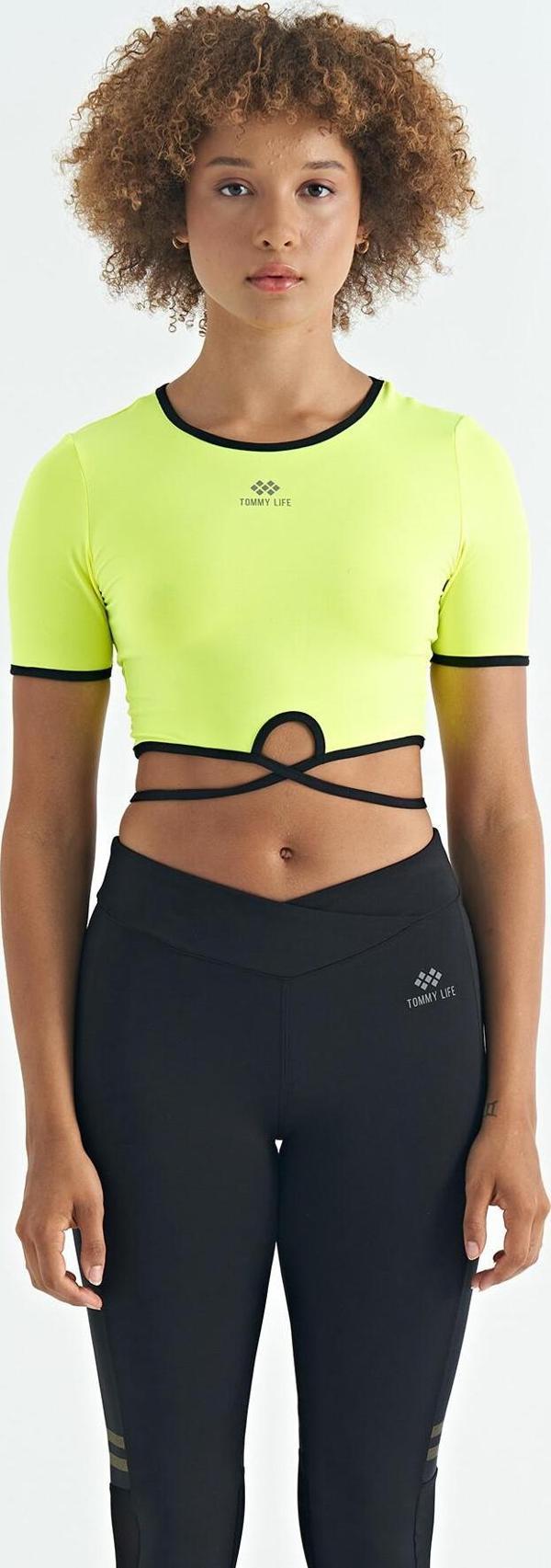 Neon Sarı Bel Bağlama Detaylı O Yaka Standart Kalıp Dalgıç Kumaş Kadın Crop T-Shirt - 97266 - Image 1