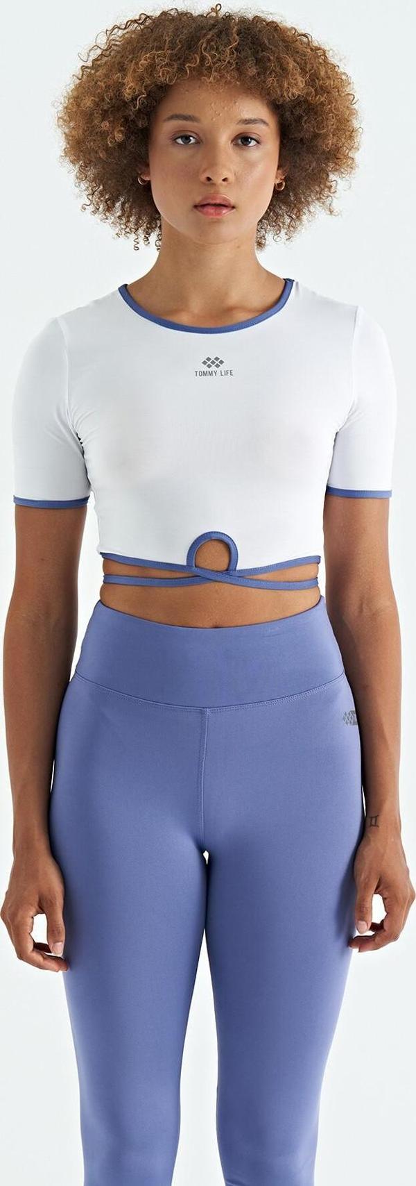 Beyaz Bel Bağlama Detaylı O Yaka Standart Kalıp Dalgıç Kumaş Kadın Crop T-Shirt - 97266 - Image 1