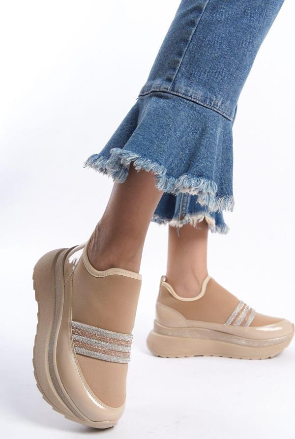Eformoda Bej Kadın Streç Taşlı Rahat Yüksek Tabanlı Sneaker 1059 36 - Image 1