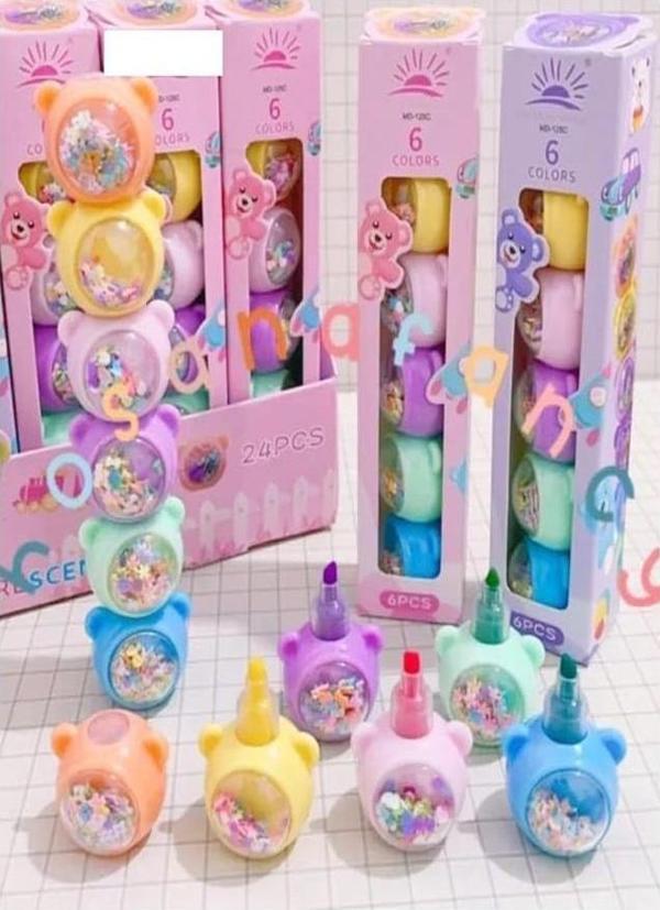 Pullu Ayıcık Yumurtlayan Fosforlu Kalem 1 Paket 5 Renk Pullu Ayıcık Figürlü İşaret Kalemi Mini 5 li Fosforlu Kalem - Image 1
