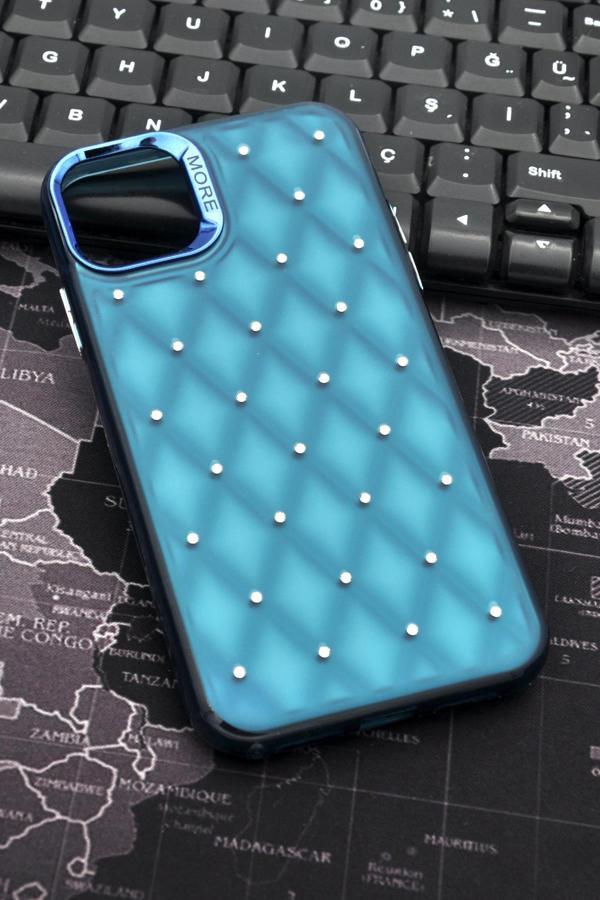 iPhone 11 Uyumlu Baklava Desenli Pırlanta Taşlı Sert Kapak Kılıf Petrol Mavi - Image 1