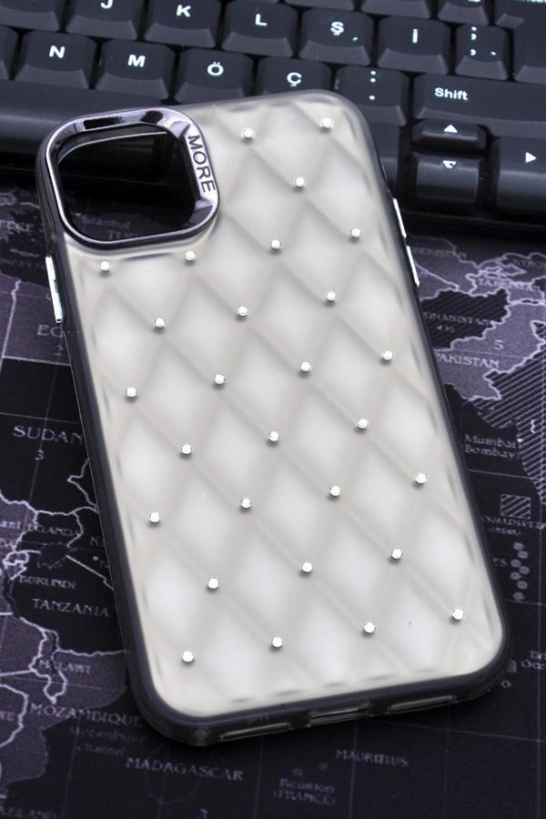 iPhone 15 Uyumlu Baklava Desenli Pırlanta Taşlı Sert Kapak Kılıf Gri - Image 1