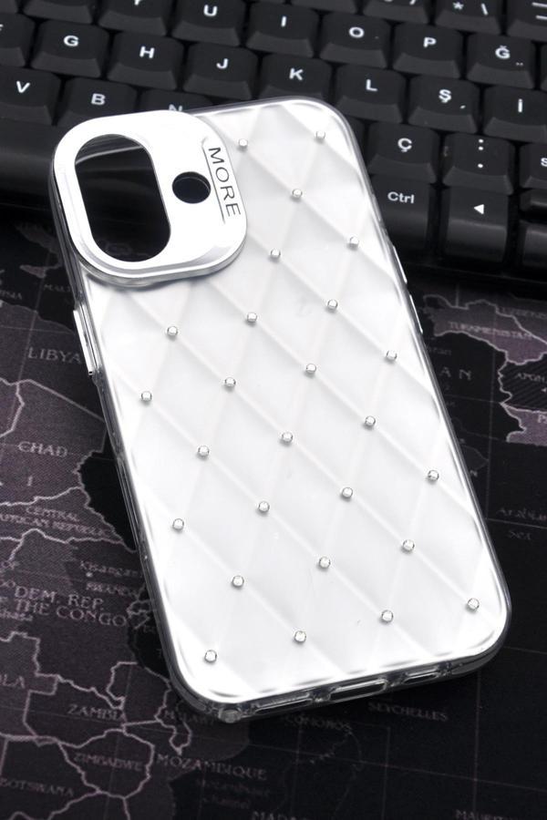 iPhone 16 Uyumlu Baklava Desenli Pırlanta Taşlı Sert Kapak Kılıf Beyaz - Image 1