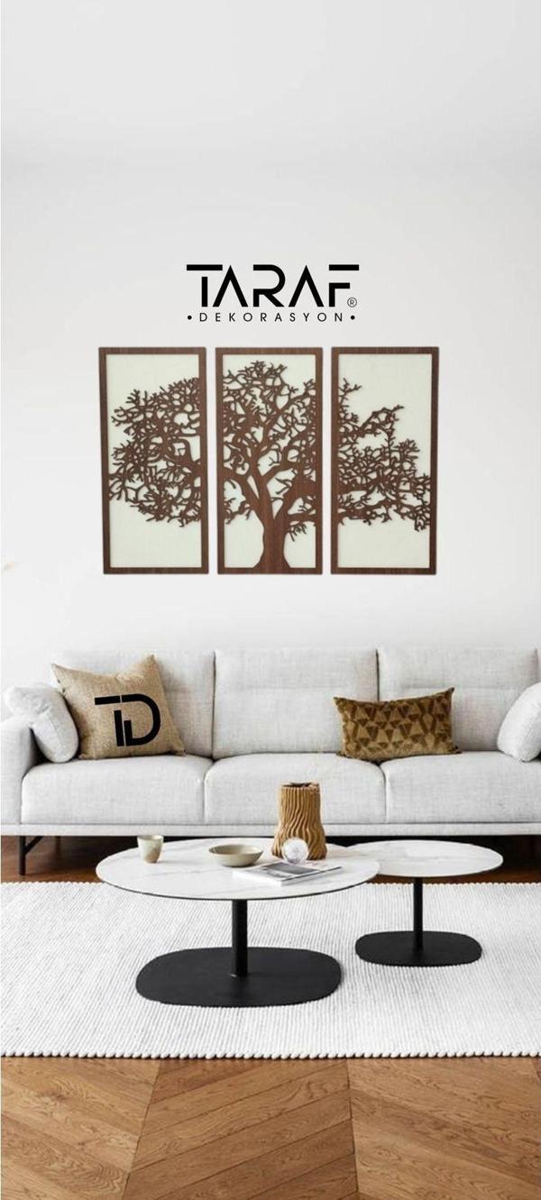 Taraf Dekorasyon 3 Parça Ağaç Tablo Lazer Kesim Dekoratif Tablo 42X62 Krem Ceviz 42 x 62 cm - Image 1