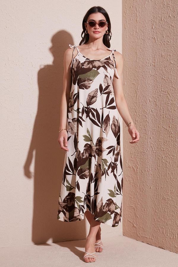 Lela Desenli Oversize Fit Bağlamalı İp Askılı Yuvarlak Yaka Midi Boy Bayan Elbise 5869022 CAMEL - Image 1