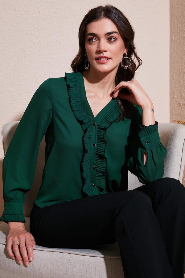 Lela Standart Fit V Yaka Fırfırlı Uzun Kollu Bayan Gömlek 611GO00341 ZÜMRÜT - Image 1