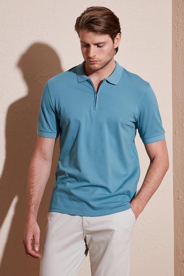 Buratti Pamuklu Regular Fit Yarım Fermuarlı Erkek Polo Yaka T Shirt 5901029 MAVİ - Image 1