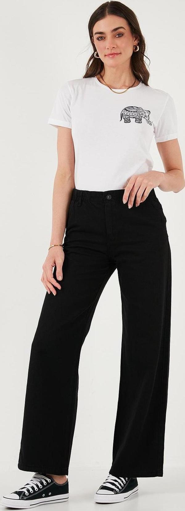 Lela Pamuklu Standart Fit Yüksek Bel Geniş Paça Bayan Pantolon 668YP5344 SİYAH - Image 1