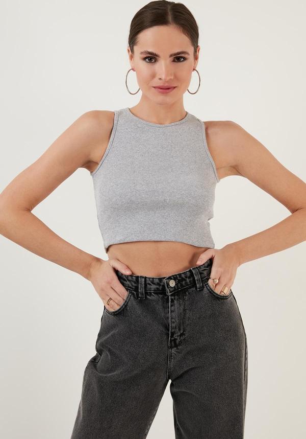 Lela % 100 Pamuk Fitilli Super Crop Örme Bayan Atlet 5864215 GRİ - Image 1