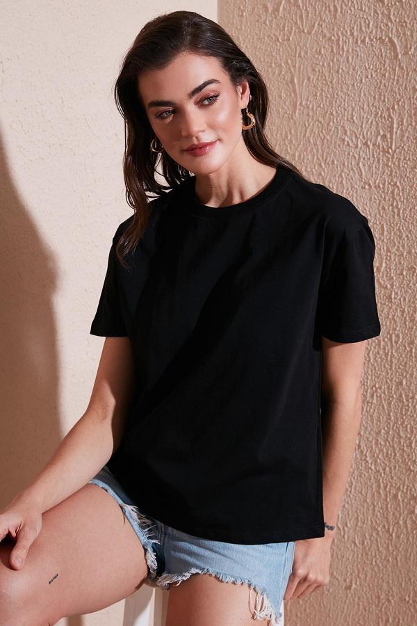 Lela Pamuklu Oversize Fit Bisiklet Yaka Bayan T Shirt 5866097 SİYAH - Image 1