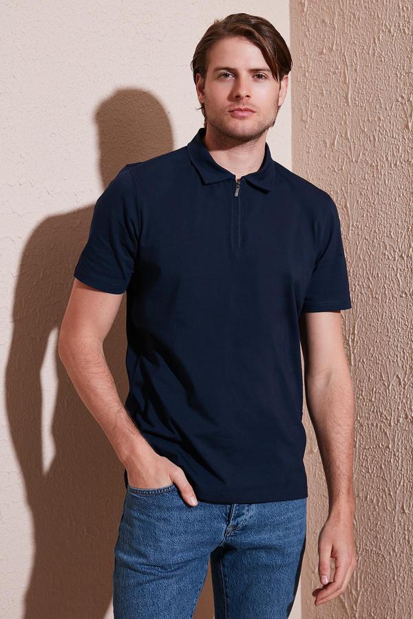 Buratti Pamuklu Regular Fit Yarım Fermuarlı Erkek Polo Yaka T Shirt 5902972 İNDİGO - Image 1