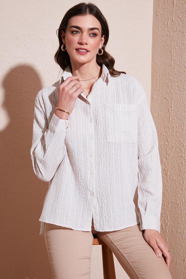 Lela Regular Fit Tek Cepli Önü Kısa Arkası Uzun Krinkıl Bayan Gömlek 6772752 TAŞ - Image 1