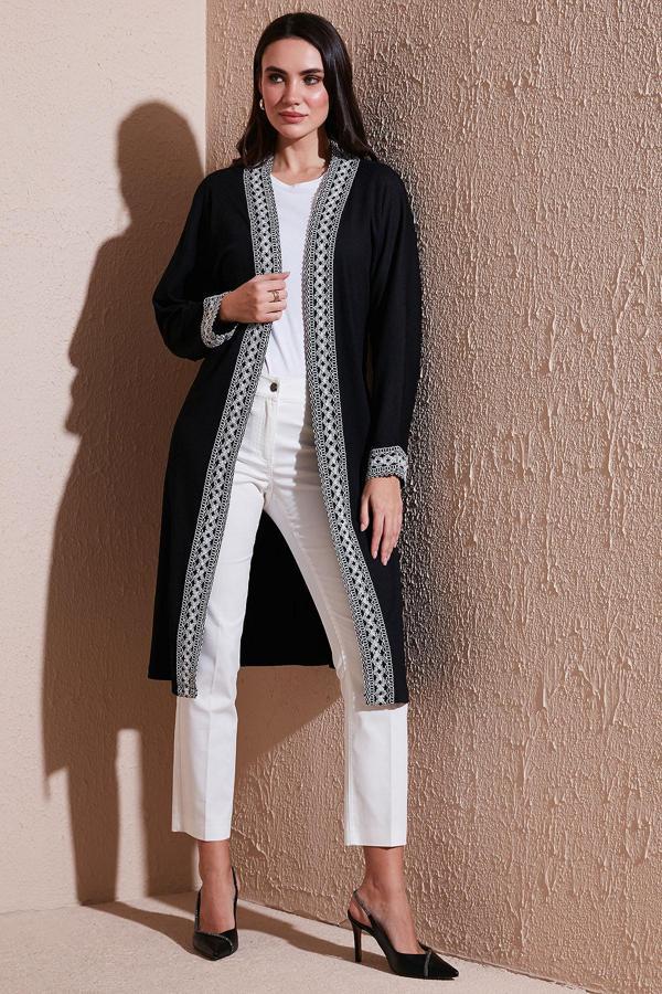 Lela Modest Regular Fit Bağlamalı Nakışlı Tesettür Uzun Kimono Bayan Hırka 5866173 SİYAH - Image 1