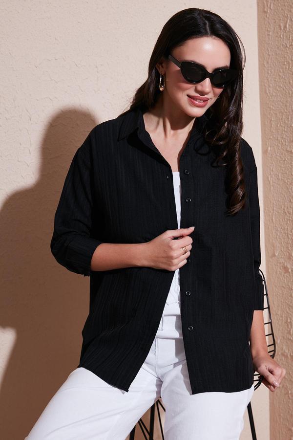 Lela Regular Fit Uzun Kollu Dokulu Bayan Gömlek 6772799 SİYAH - Image 1
