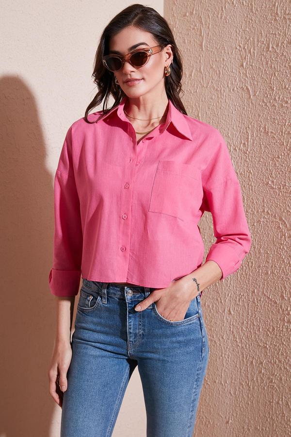 Lela Pamuk ve Keten Karışımlı Regular Fit Önü Kısa Arkası Uzun Bayan Gömlek 6772867 FUŞYA - Image 1