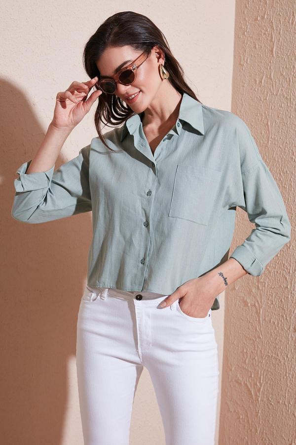 Lela Pamuk ve Keten Karışımlı Regular Fit Önü Kısa Arkası Uzun Bayan Gömlek 6772867 ÇAĞLA - Image 1