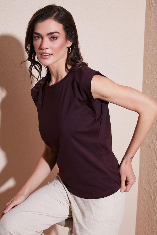 Lela Pamuklu Bisiklet Yaka Kolsuz Bayan T Shirt 5864019 VİŞNE - Image 1