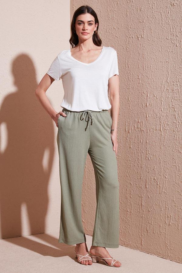 Lela Regular Fit Normal Bel Geniş Paça Bayan Pantolon 5866117 Olive - Image 1
