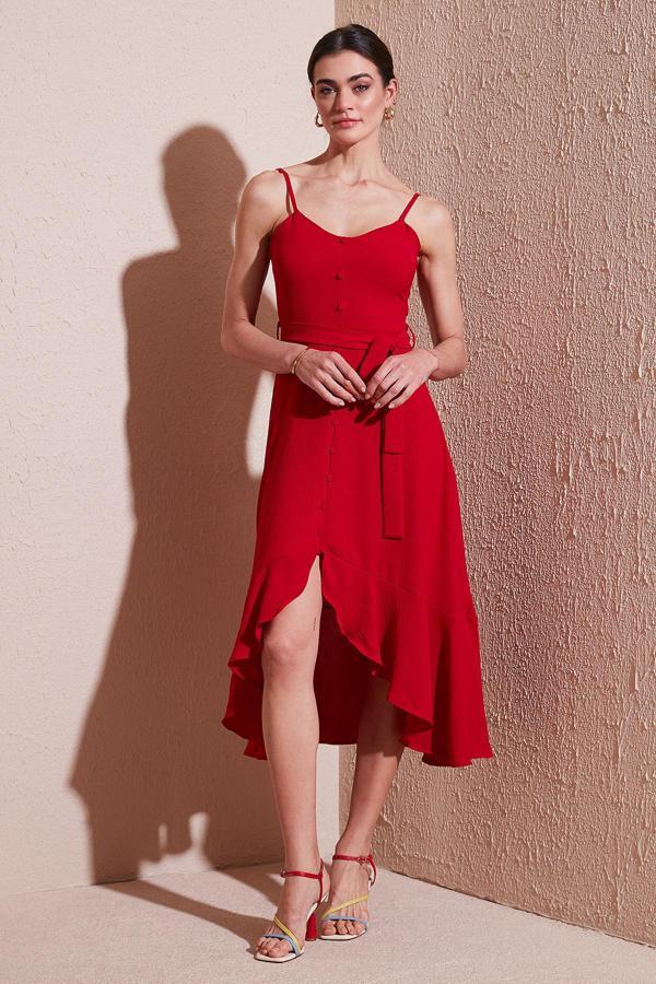 Lela Kemer ve Düğme Detaylı Volanlı Regular Fit Midi Boy Bayan Elbise 67810145 KIRMIZI - Image 1