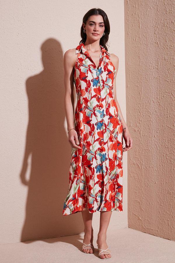 Lela Desenli Slim Fit Düğmeli Midi Boy Gömlek Bayan Elbise 6772451 ORANJ - Image 1