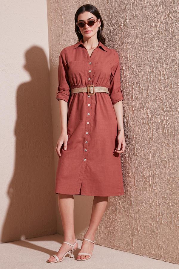 Lela Pamuklu Regular Fit Kemerli Midi Boy Gömlek Bayan Elbise 67810301 CAMEL - Image 1