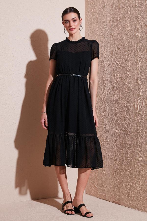 Lela A Kesim Regular Fit Astarlı Midi Boy Kemerli Bayan Elbise 6781937 SİYAH - Image 1