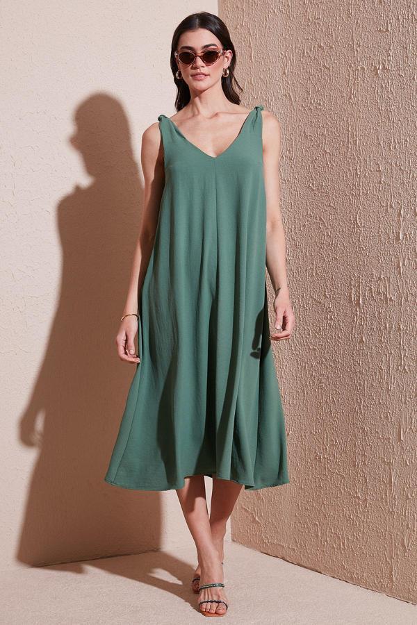 Lela Oversize Fit V Yaka Midi Boy Basic Bayan Elbise 6788688 HAKİ - Image 1