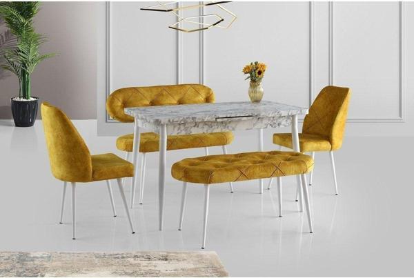Ay Masa Ve Sandalye Bench Takımı, Açık Hardal Beyaz, 120x70 - Image 1