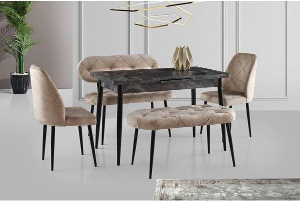 Ay Masa Ve Sandalye Bench Takımı, Krem Siyah, 120x70 - Image 1