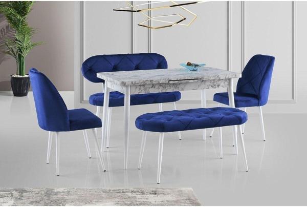 Ay Masa Ve Sandalye Bench Takımı, Lacivert Beyaz, 120x70 - Image 1