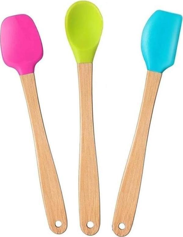 3 lü Bambu Spatula Seti 21 cm Silikon Uçlu Isıya Dayanaklı Çizmez Renkli Kaşık Fırça Spatula Set - Image 1