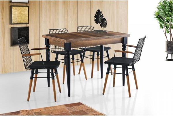MASA VE AHŞAP KOLLU TEL SANDALYE TAKIMI, 110x70 - Image 1