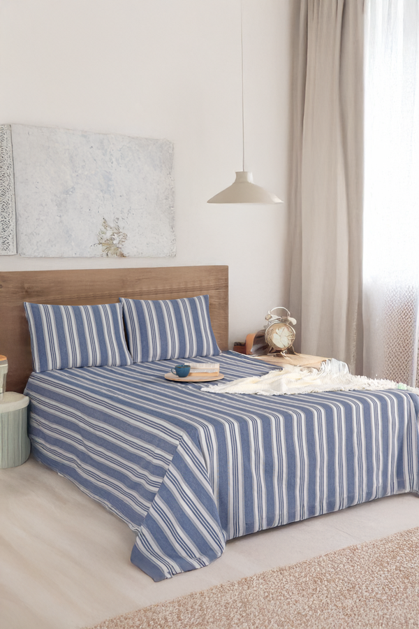 Sport Çizgili Çarşaf + Yastık Kılıfı  Seti Çift Kişilik Soft Line Lacivert - Image 1