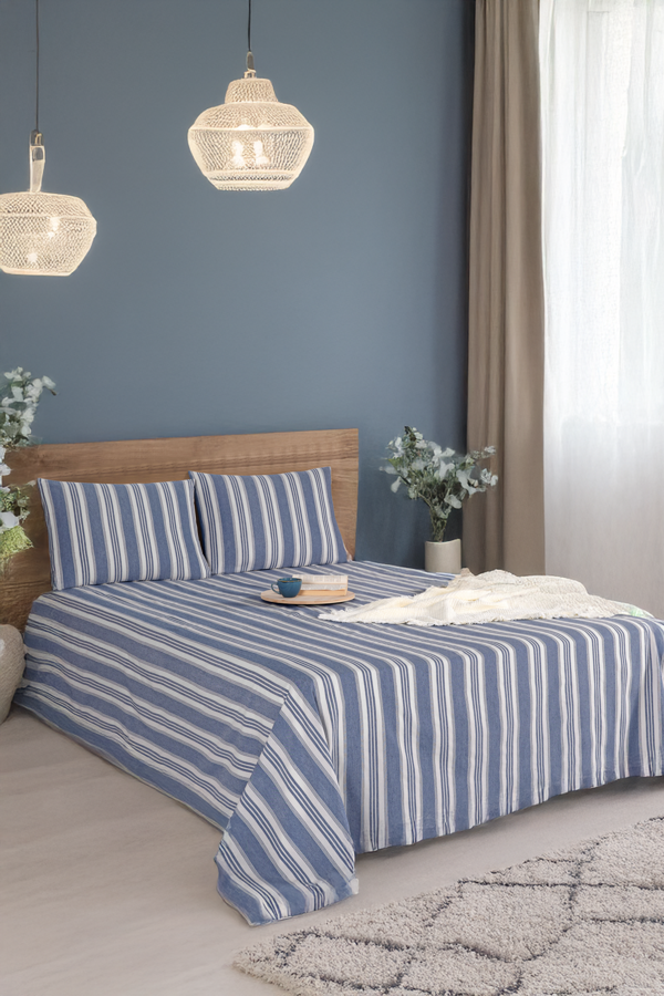 Sport Çizgili Çarşaf + Yastık Kılıfı  Seti Tek Kişilik Soft Line Lacivert - Image 1