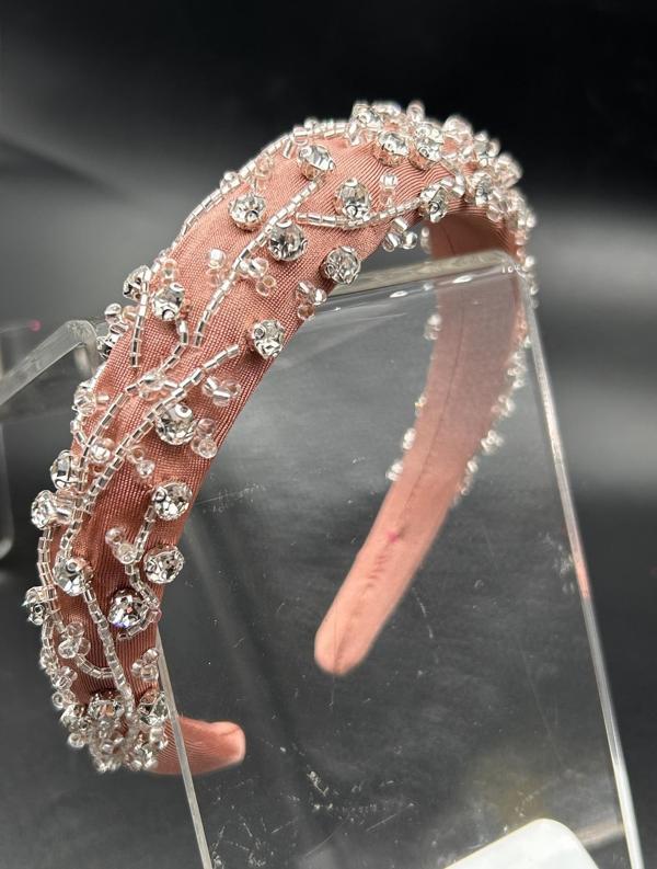 Abiye Nişan Düğün Pudra Pembe Taşlı Model El İşi Tasarım Taç Kadın Saç - Image 1