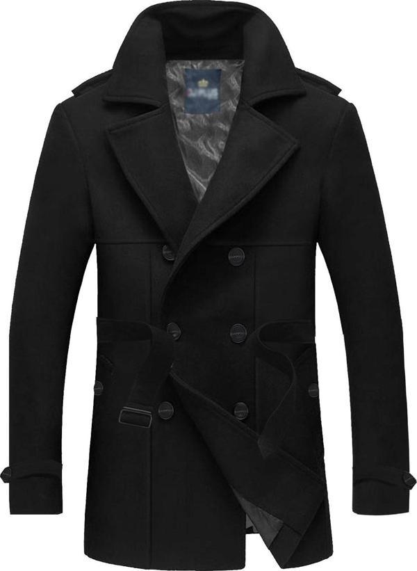 Alaska The Last Frontier Slim Fit Italyan Kesim Ince Kaşe Kaban Trençkot --Siyah--- - Image 1