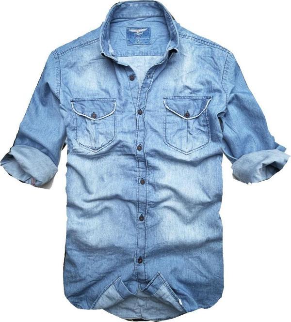 Gulf Bırd Slim Fit Saf Pamuk Denim Kumaş Kot Gömlek--Çiftcep Mavi-- - Image 1