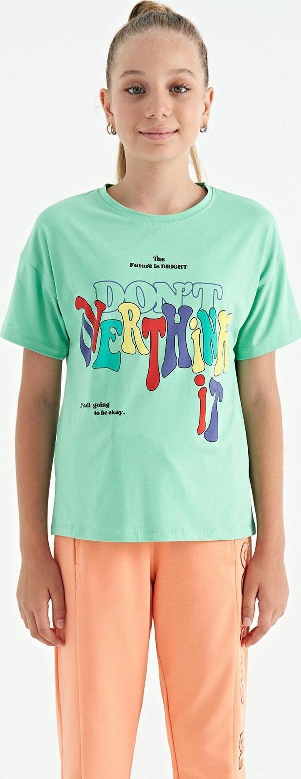 Su Yeşili Renki Yazı Baskılı O Yaka Oversize Kısa Kollu Kız Çocuk T-Shirt - 75112 - Image 1