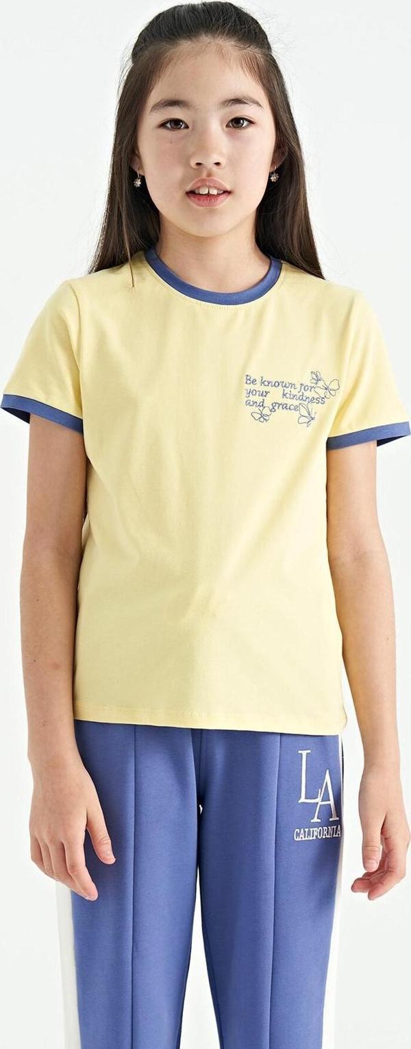 Sarı Minimal Yazı Baskılı O Yaka Rahat Form Kısa Kollu Kız Çocuk T-Shirt - 75110 - Image 1