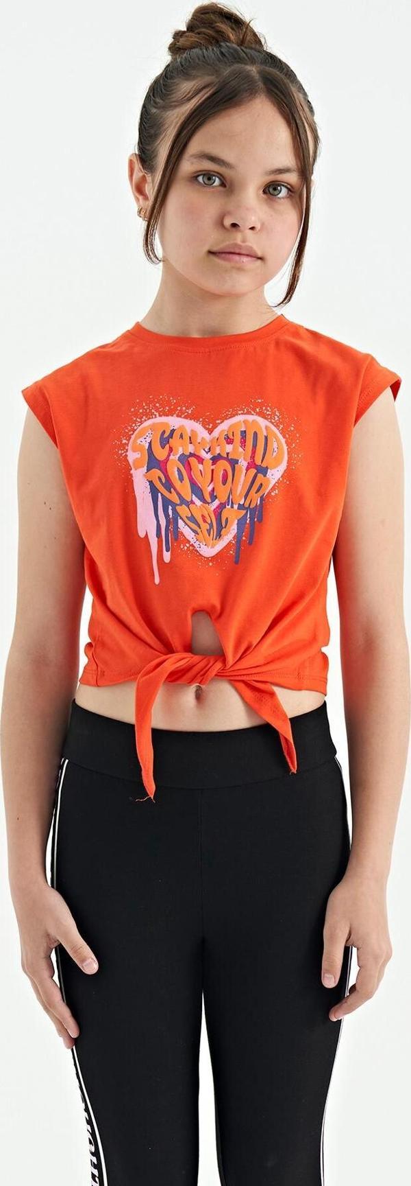 Portakal Kalp Baskılı Ön Düğüm Detaylı Rahat Form Kız Çocuk T-Shirt - 75114 - Image 1