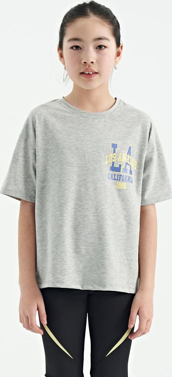 Gri Melanj Ön Arka Baskılı O Yaka Oversize Kısa Kollu Kız Çocuk T-Shirt - 75127 - Image 1