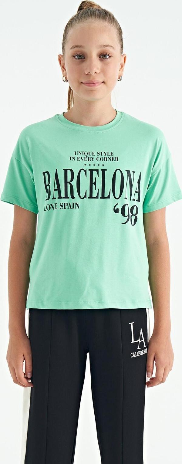 Su Yeşili O Yaka Yazı Baskılı Düşük Omuz Oversize Kız Çocuk T-Shirt - 75115 - Image 1