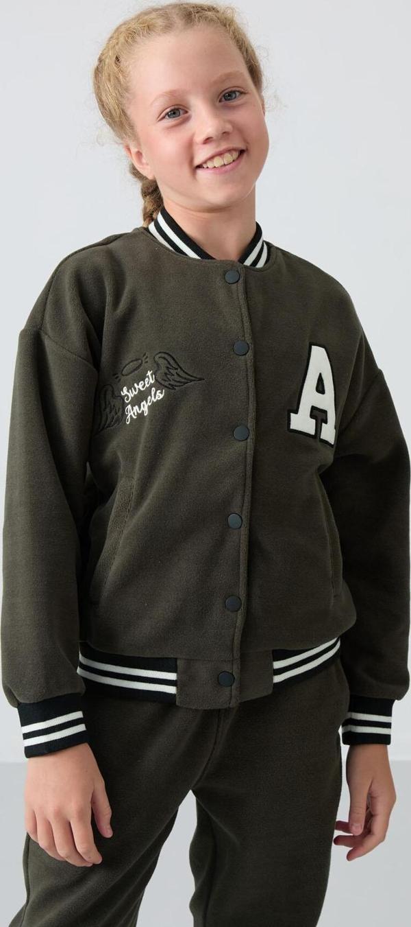 Haki Kalın Yumuşak Dokulu Standart Fit Nakışlı Polar Kız Çocuk Kolej Ceket - 75156 - Image 1