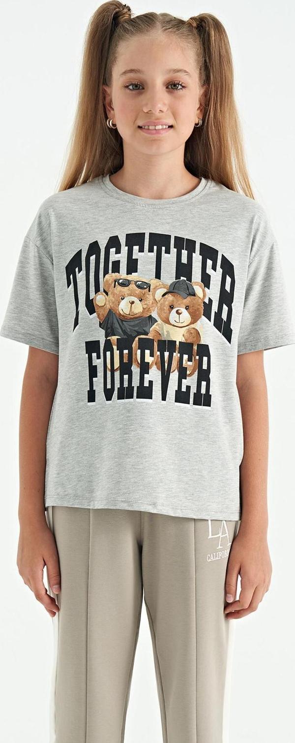 Gri Melanj Ayıcık Baskılı O Yaka Oversize Kısa Kol Kız Çocuk T-Shirt - 75116 - Image 1